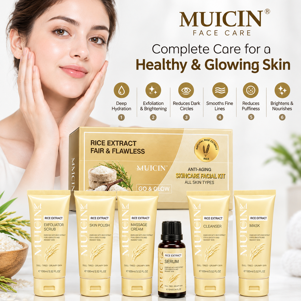 Rice Extract Anti-Aging Facial Kit – 6 Step Go & Glow Brightening Skincare Set