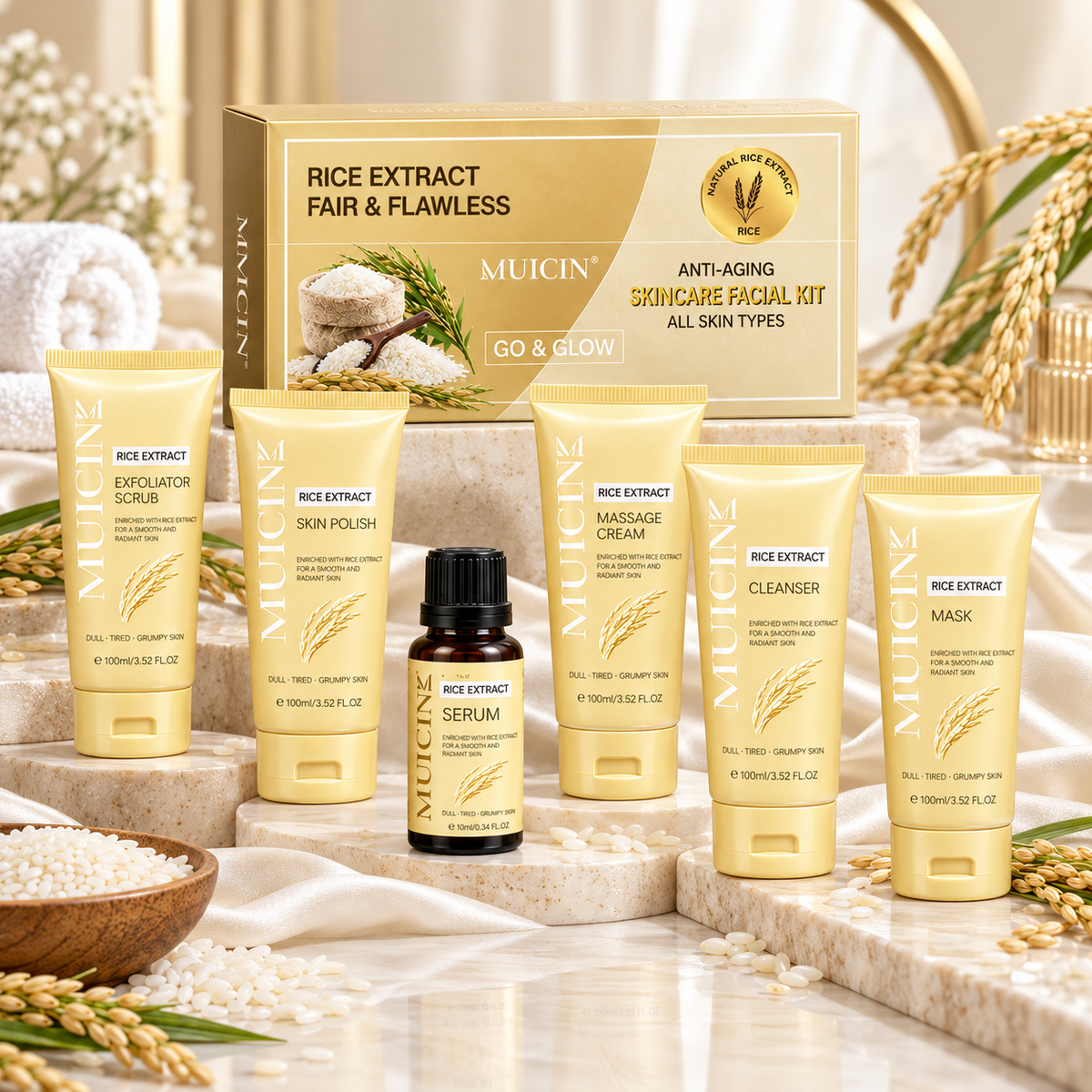 Rice Extract Anti-Aging Facial Kit – 6 Step Go & Glow Brightening Skincare Set