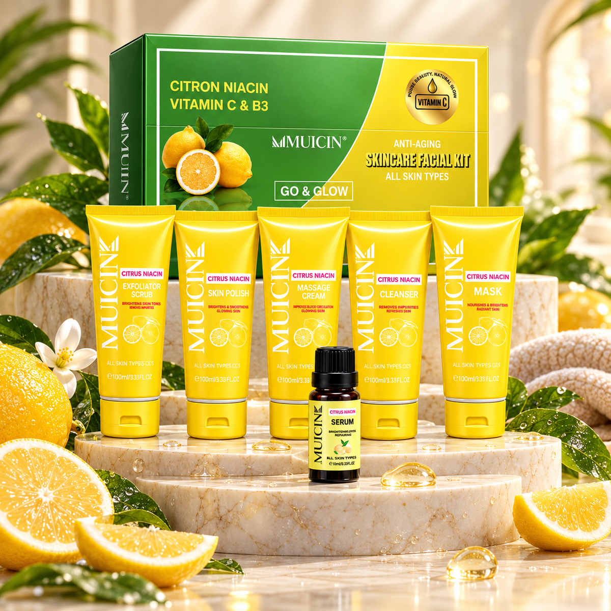 Citron Niacin Vitamin C & B3 Anti-Aging Facial Kit – 6 Step Go & Glow Skincare Set